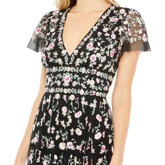 Mac Duggal 35104 Size 16 Black Floral Embroidered V-Neck Cap Sleeve Midi Dress - Picture 3 of 4